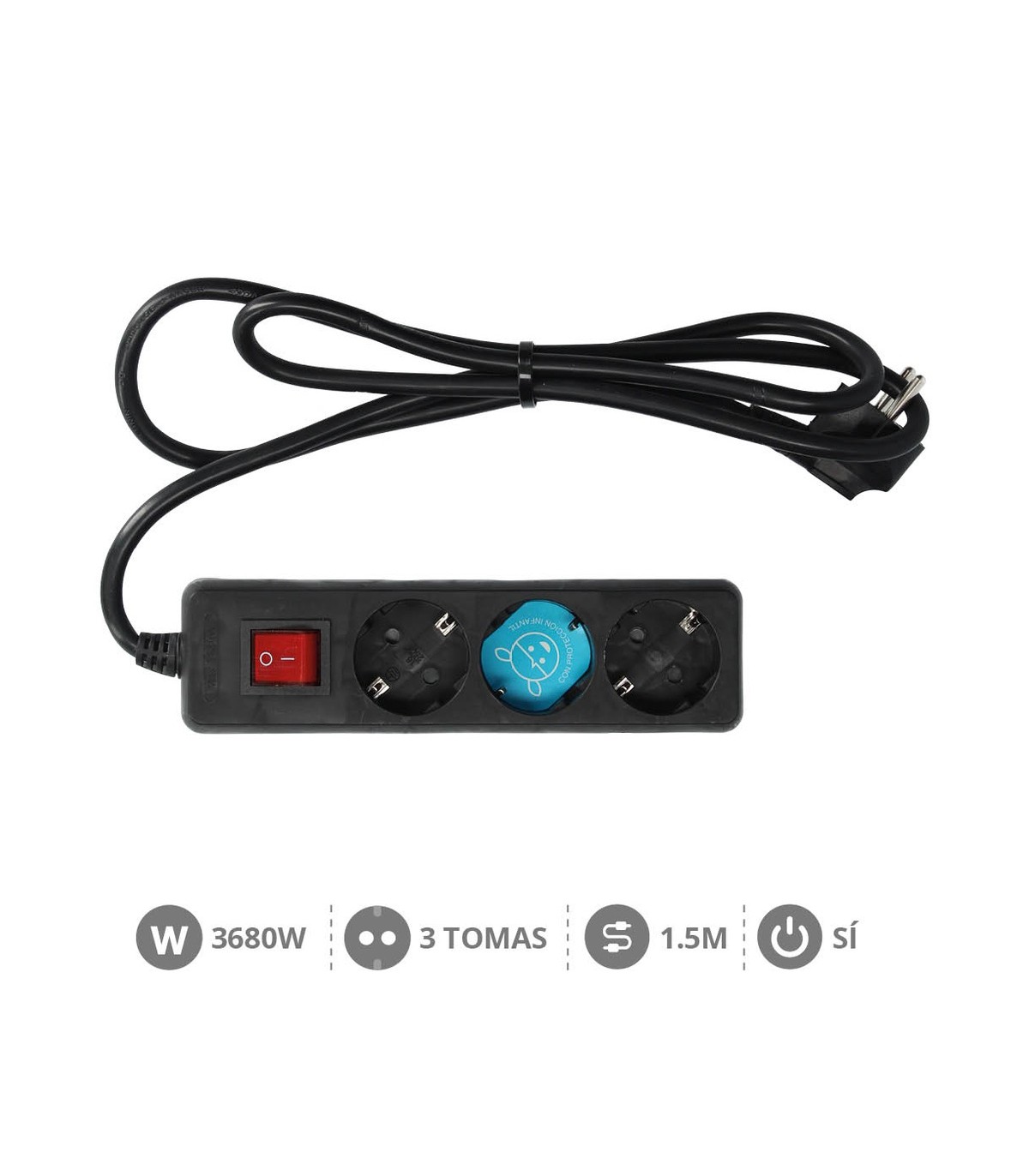 Base Múltiple 3T + Interruptor (3x1.5mm) 1,5m Negra