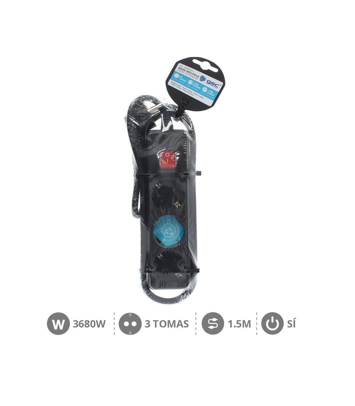 Base Múltiple 3T + Interruptor (3x1.5mm) 1,5m Negra