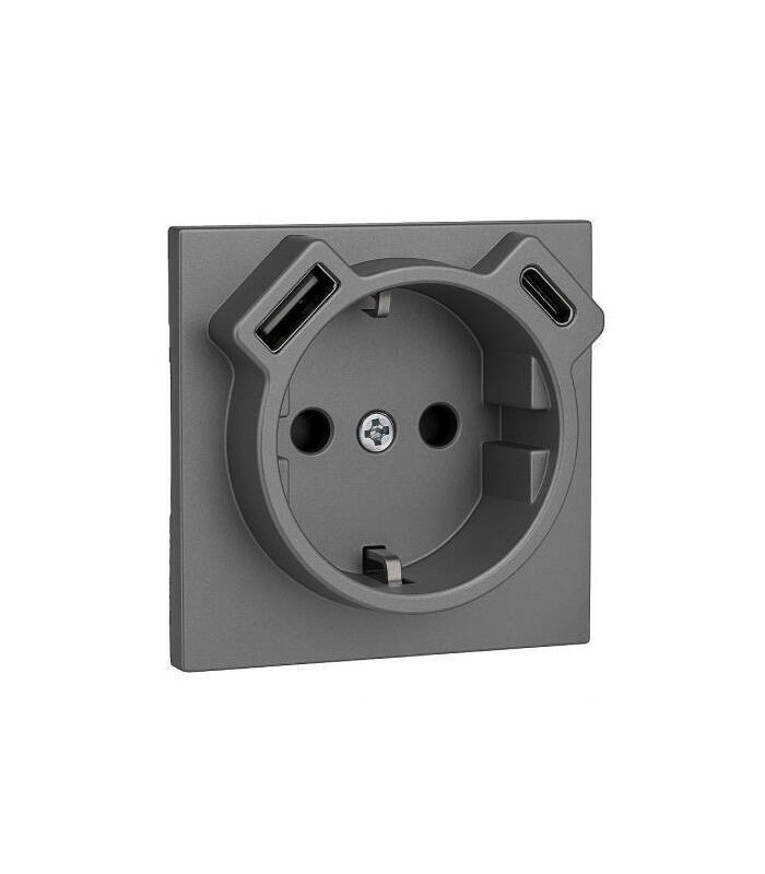 Tapa Base Schuko + USB Tipo A y C Gris Logus 90