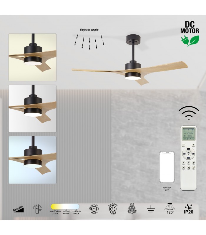 Ventilador THAY DC APP Negro/Madera 30W 3300Lm 3 Aspas CCT