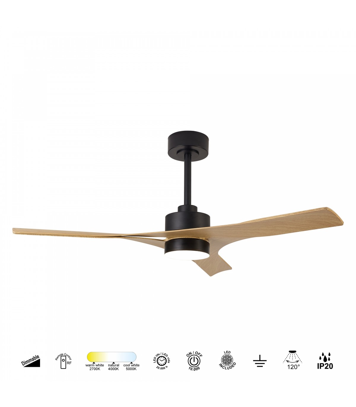 Ventilador THAY DC APP Negro/Madera 30W 3300Lm 3 Aspas CCT