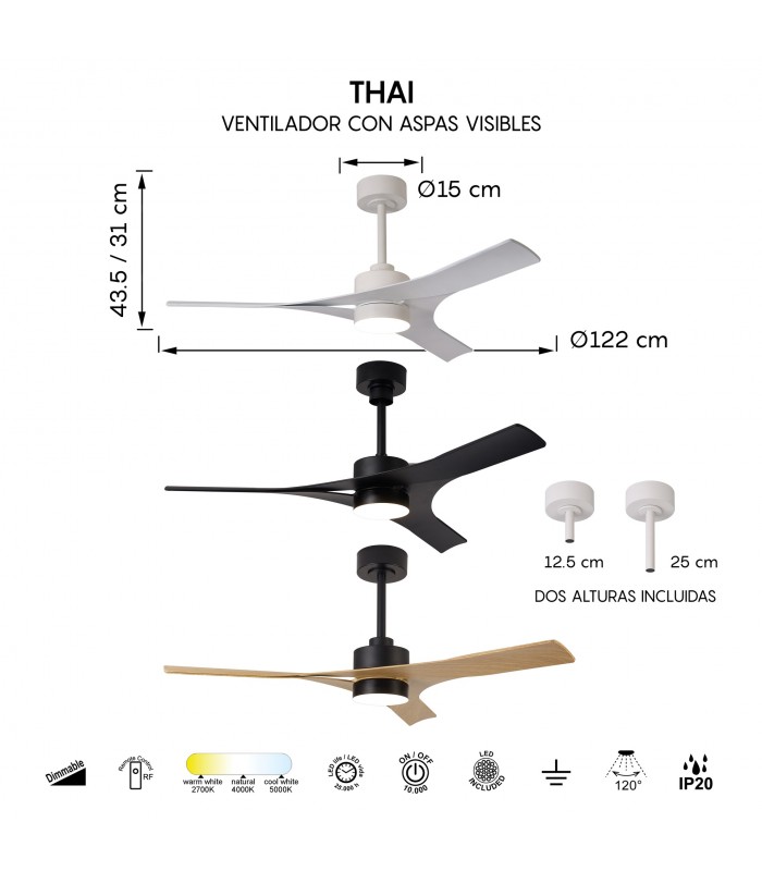Ventilador THAY DC APP Negro/Madera 30W 3300Lm 3 Aspas CCT