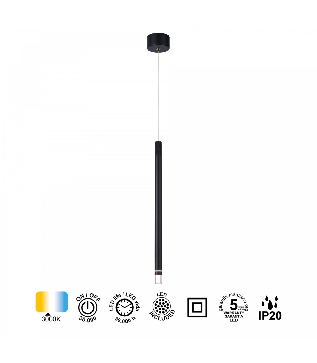 Colgante MOANA Negro 1L 7W 400Lm IP20 Regulable Altura