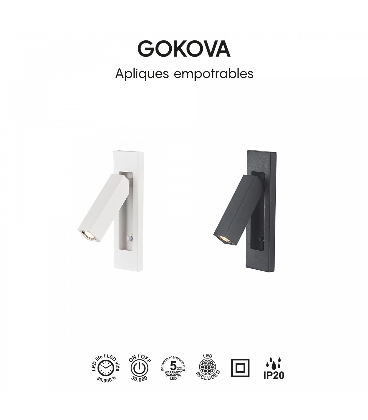Aplique Lector Empotrable GOKOVA Cuadrado Negro 3W 210Lm
