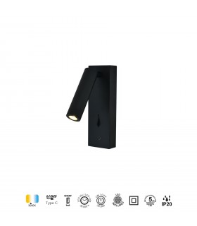 Aplique Lector TARIFA III Negro 3W 210Lm con cargador tipo C