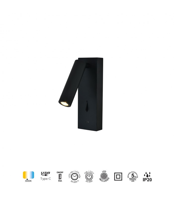 Aplique Lector TARIFA III Negro 3W 210Lm con cargador tipo C