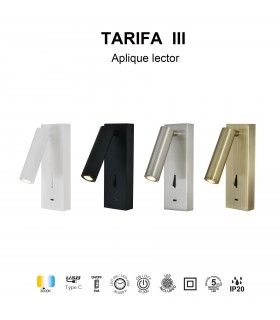 Aplique Lector TARIFA III Negro 3W 210Lm con cargador tipo C