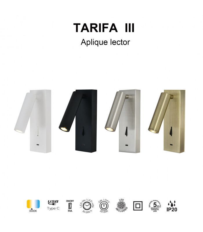 Aplique Lector TARIFA III Negro 3W 210Lm con cargador tipo C