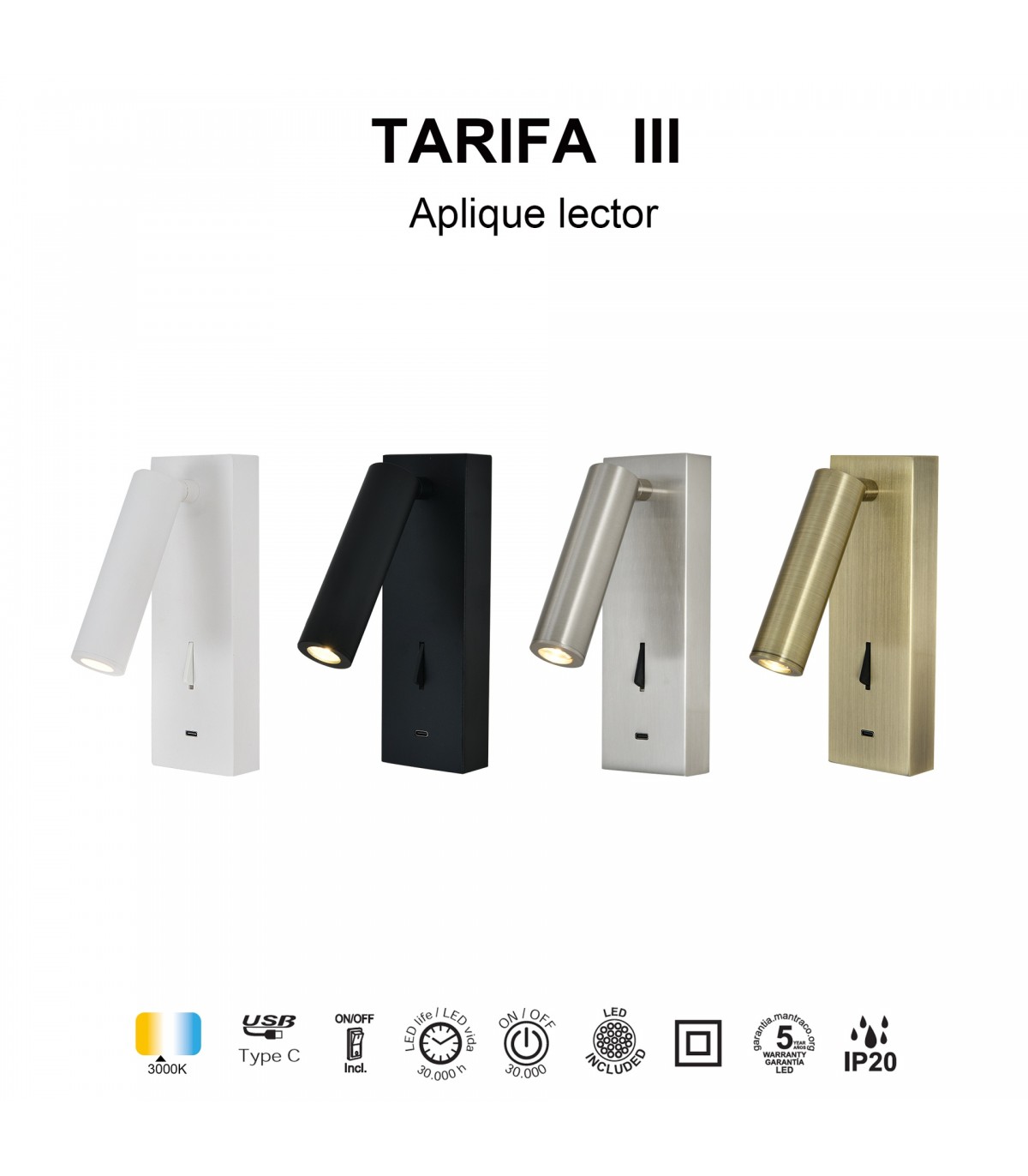 Aplique Lector TARIFA III Negro 3W 210Lm con cargador tipo C
