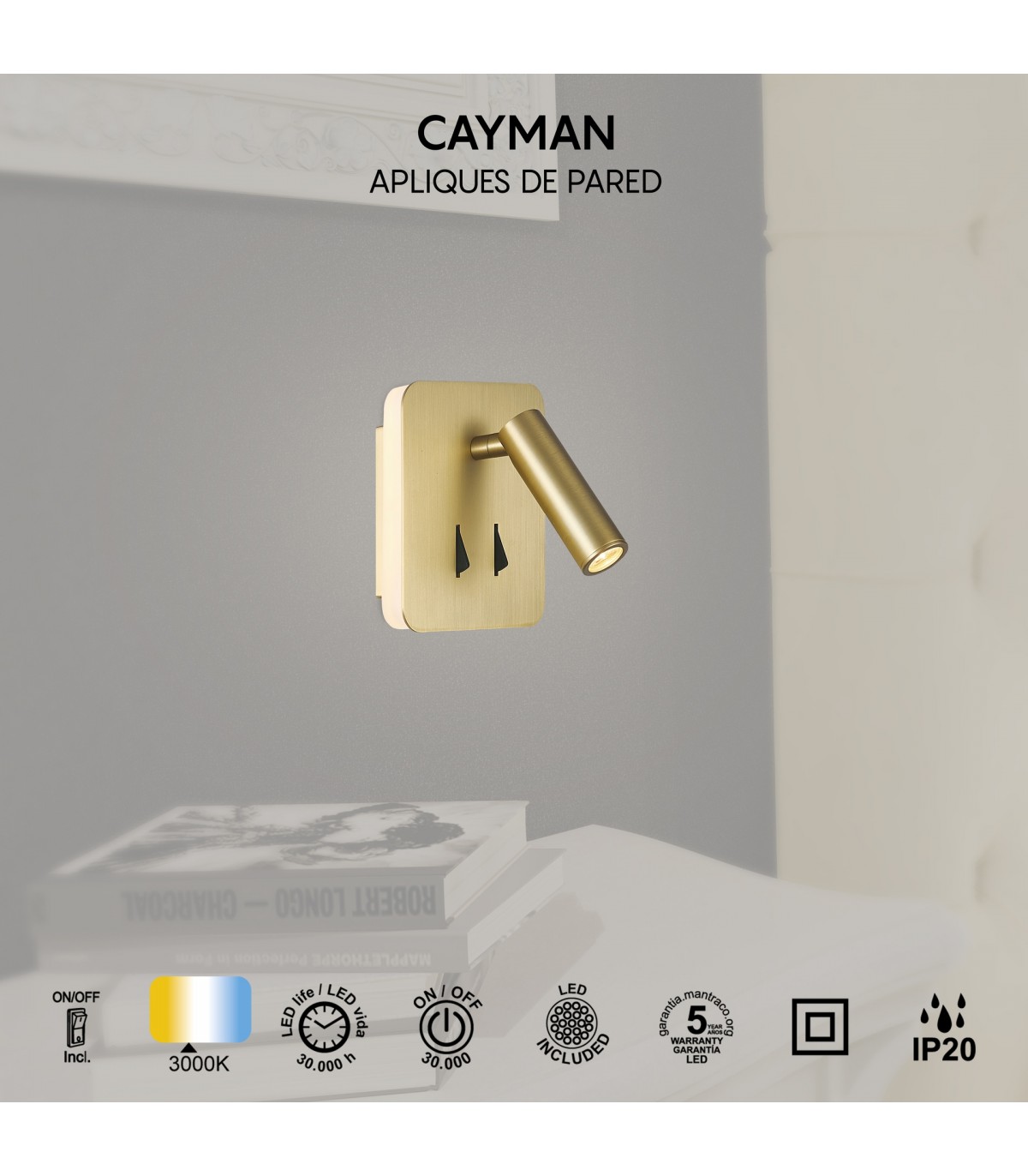 Aplique Lector CAYMAN Cuadrado Oro 3+6W 620Lm