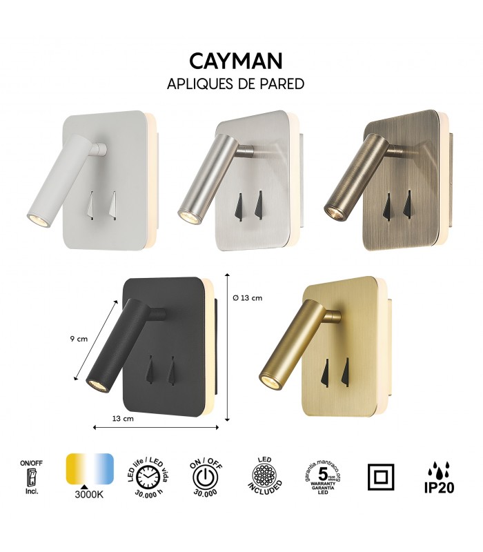 Aplique Lector CAYMAN Cuadrado Oro 3+6W 620Lm