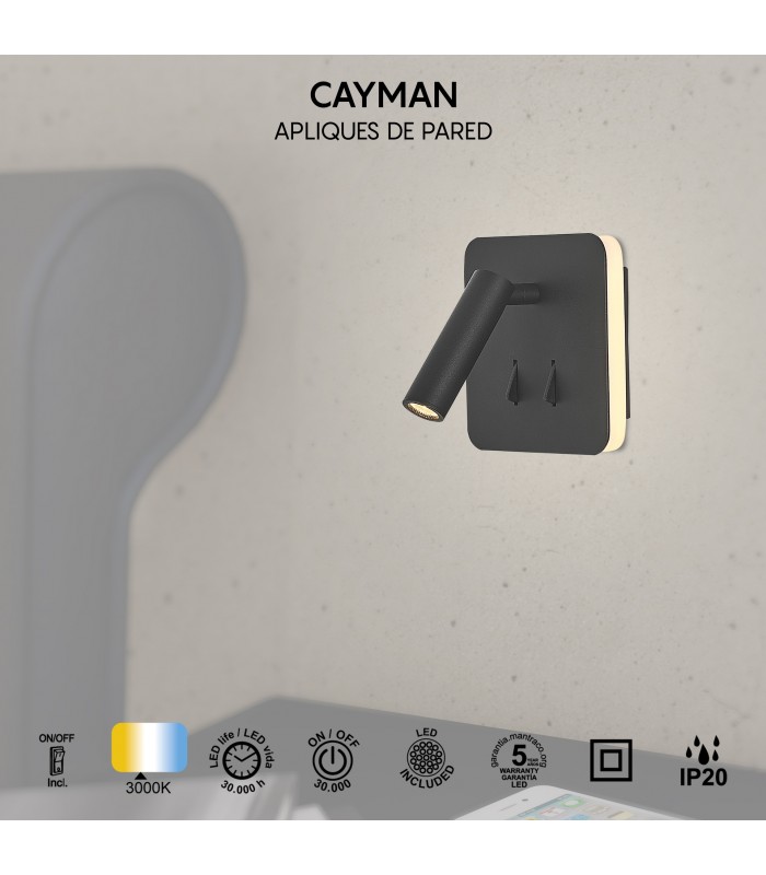 Aplique Lector CAYMAN Cuadrado Negro 3+6W 620Lm
