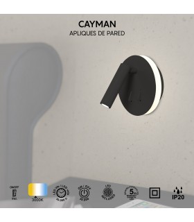 Aplique Lector CAYMAN Redondo Negro 3+6W 620Lm