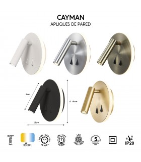 Aplique Lector CAYMAN Redondo Negro 3+6W 620Lm