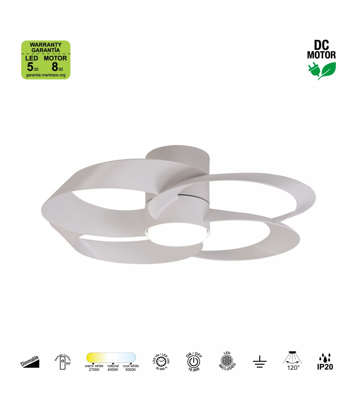 Ventilador ROSE BLANCO DC 24W 3200Lm 4 Aspas CCT