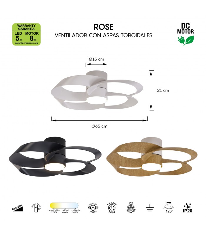Ventilador ROSE BLANCO DC 24W 3200Lm 4 Aspas CCT