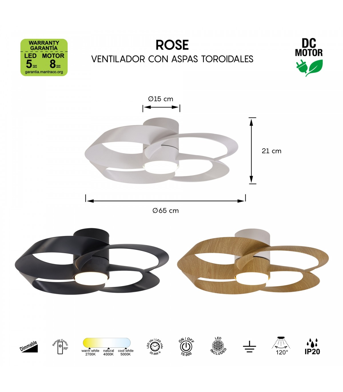 Ventilador ROSE BLANCO DC 24W 3200Lm 4 Aspas CCT