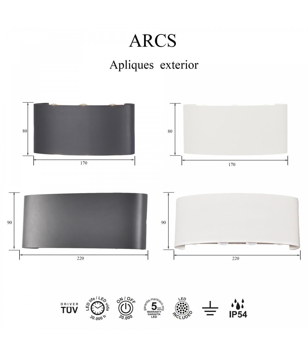 Aplique LED Exterior ARCS 6W 450Lm IP54 Antracita