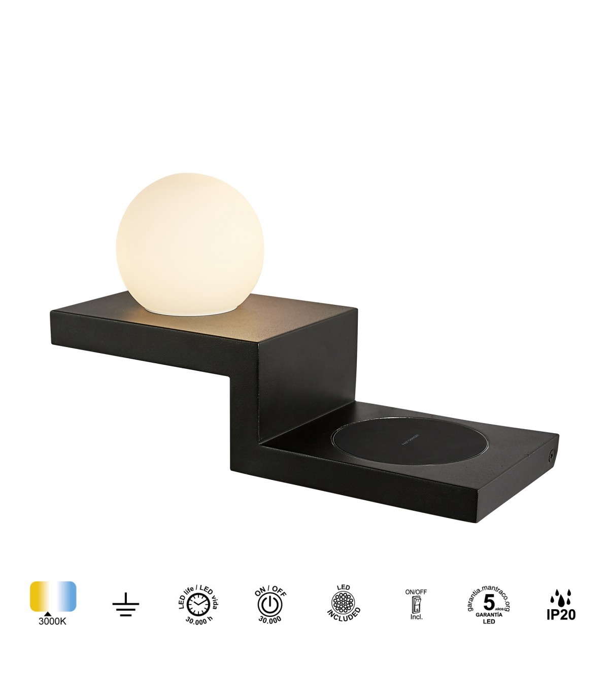 Aplique LED ZANIBAR 6W 470Lm IP20 Con Cargador Móvil por Inducción Negro