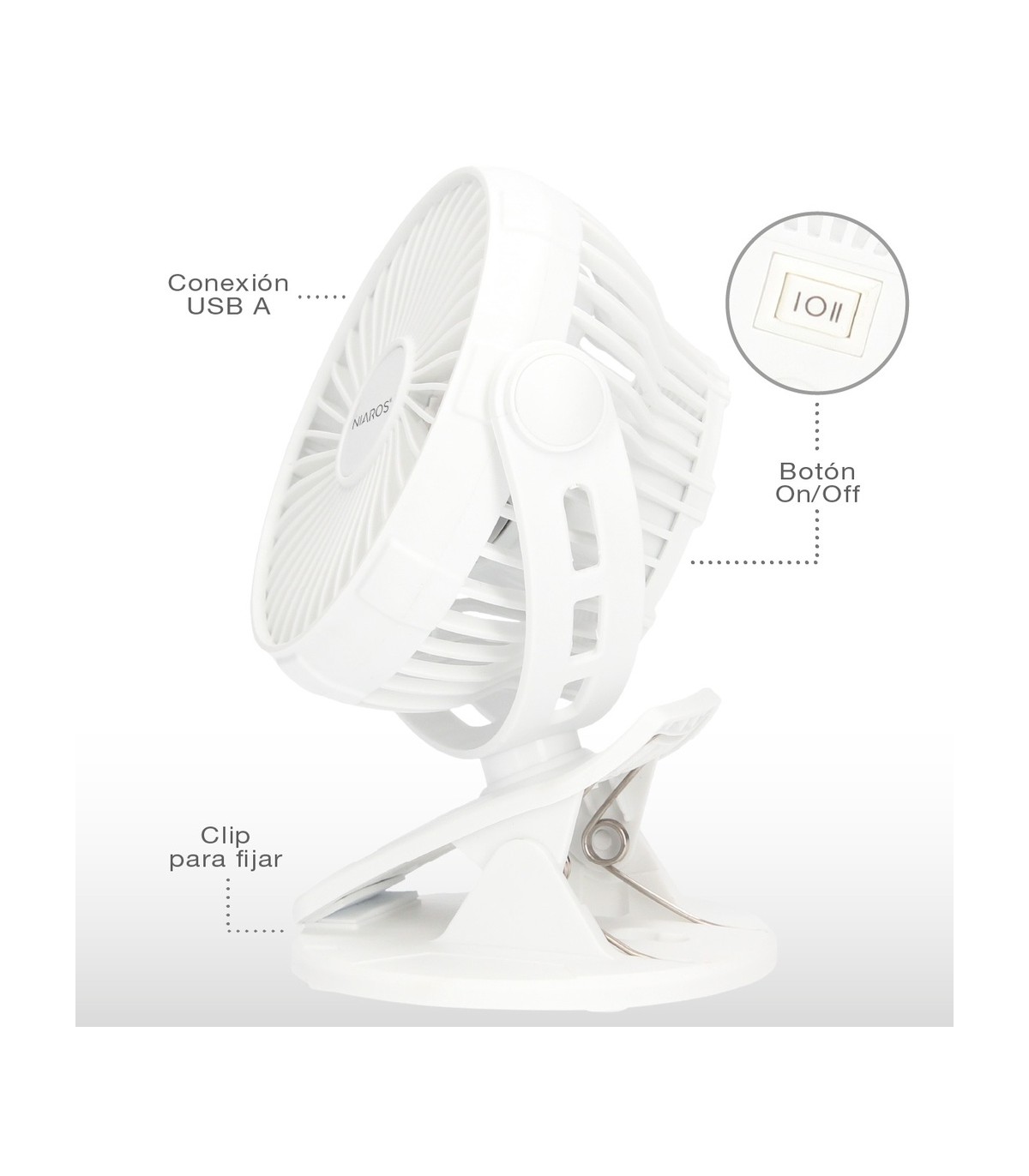 Mini ventilador USB tipo clip Fune 3W Blanco