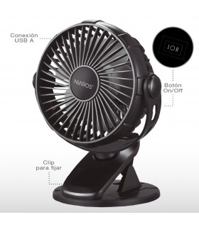 Mini ventilador USB tipo clip Fune 3W Negro