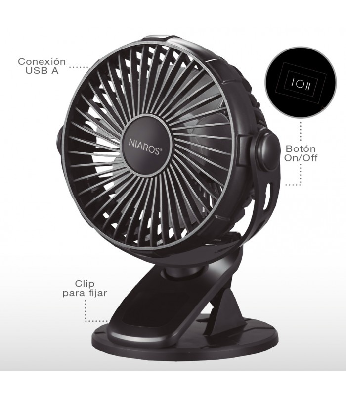 Mini ventilador USB tipo clip Fune 3W Negro
