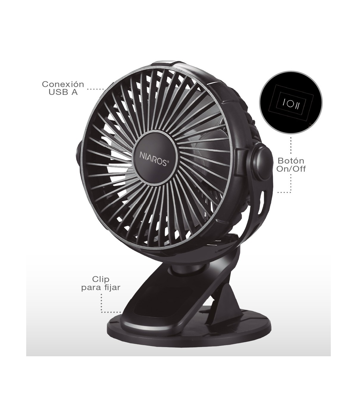 Mini ventilador USB tipo clip Fune 3W Negro