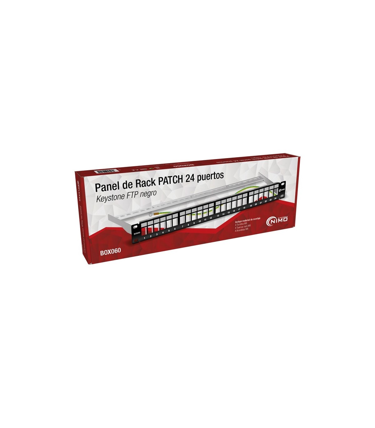 Panel Rack 19" Patch panel 24 puertos Keystone Negro NIMO