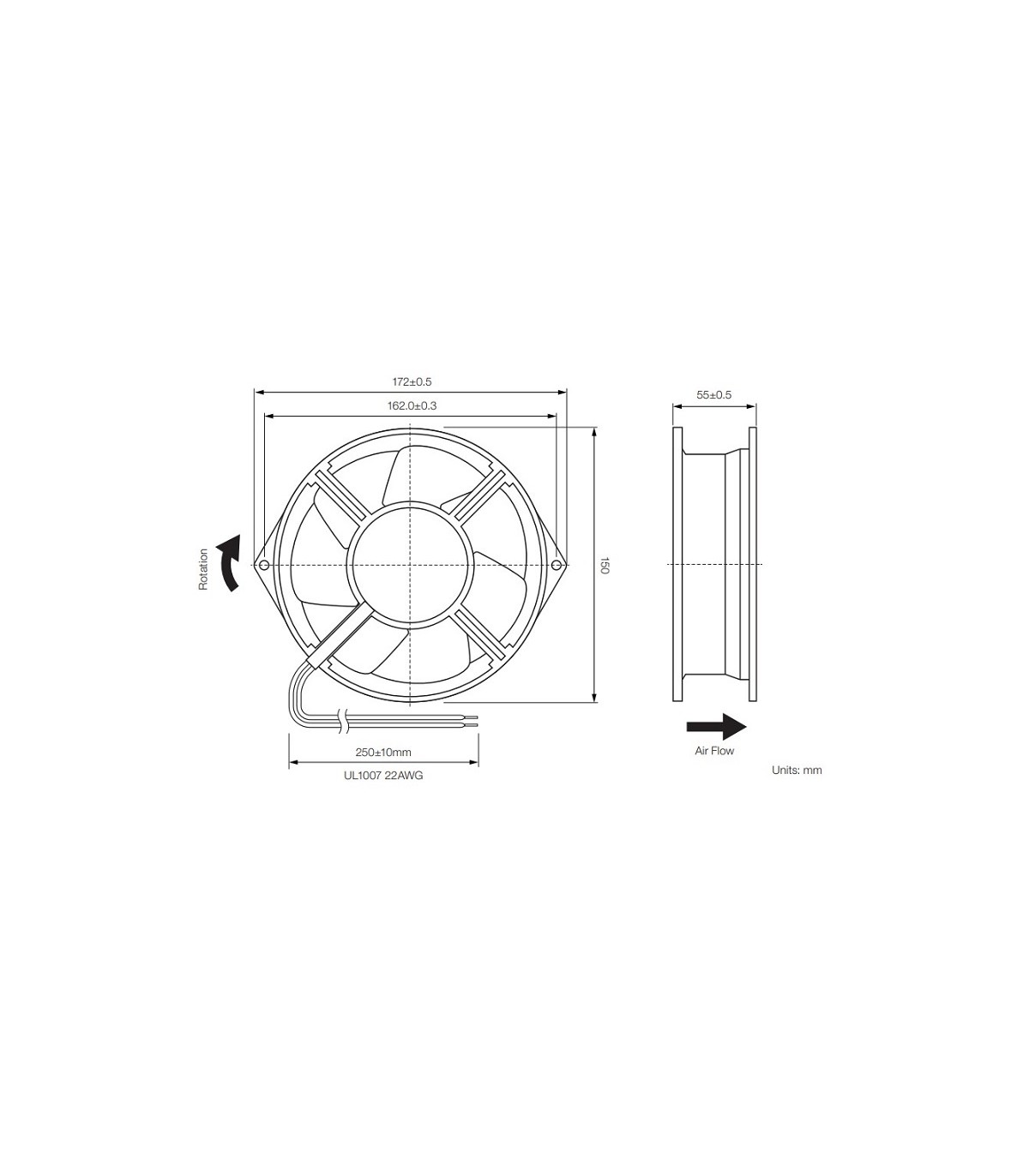 Ventilador 230Vca 150X162X55mm Rodamiento 2 Hilos