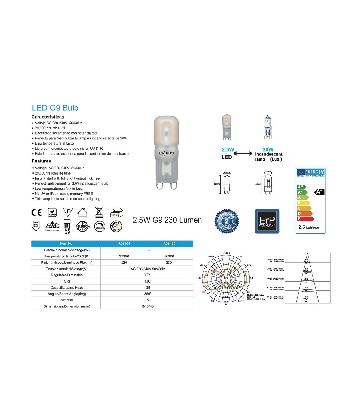 Bombilla Led G9 2.5W 220LM 360º IP20 Regulable