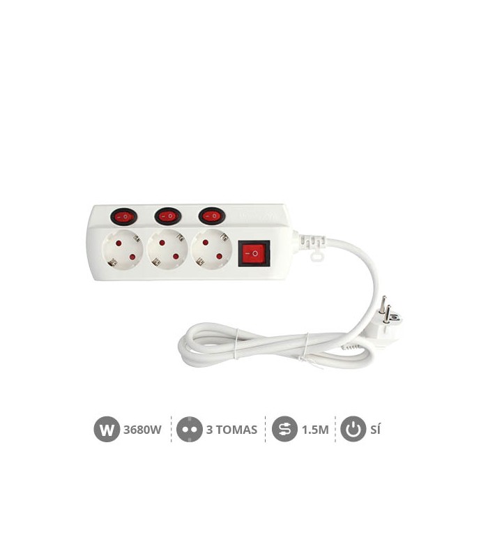 Base Múltiple 3T + 4 Interruptores (3x1.5mm) 1.5m Blanco