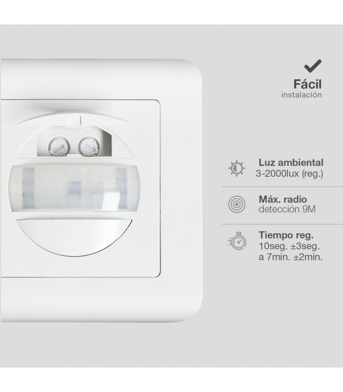 Detector Movimiento Empotrable Mecanismo NEKATI 9m 300W/150W 160º IP20