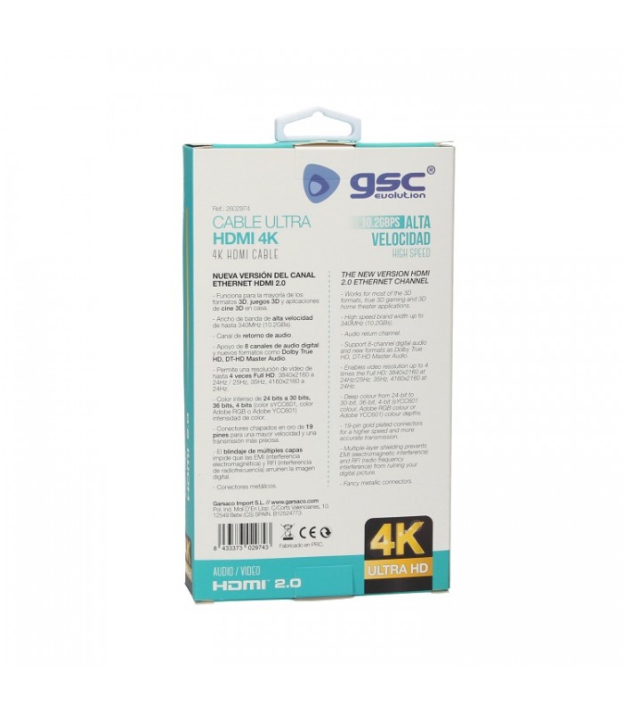 Cable Conexión HDMI-HDMI V2.0 Negro 1.8m 4K