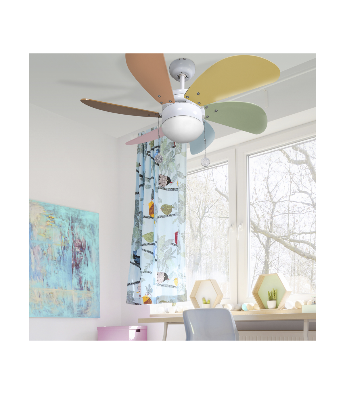 Ventilador Blanco Delfín 6 Aspas C. Pastel 1xE27 3 Veloc.