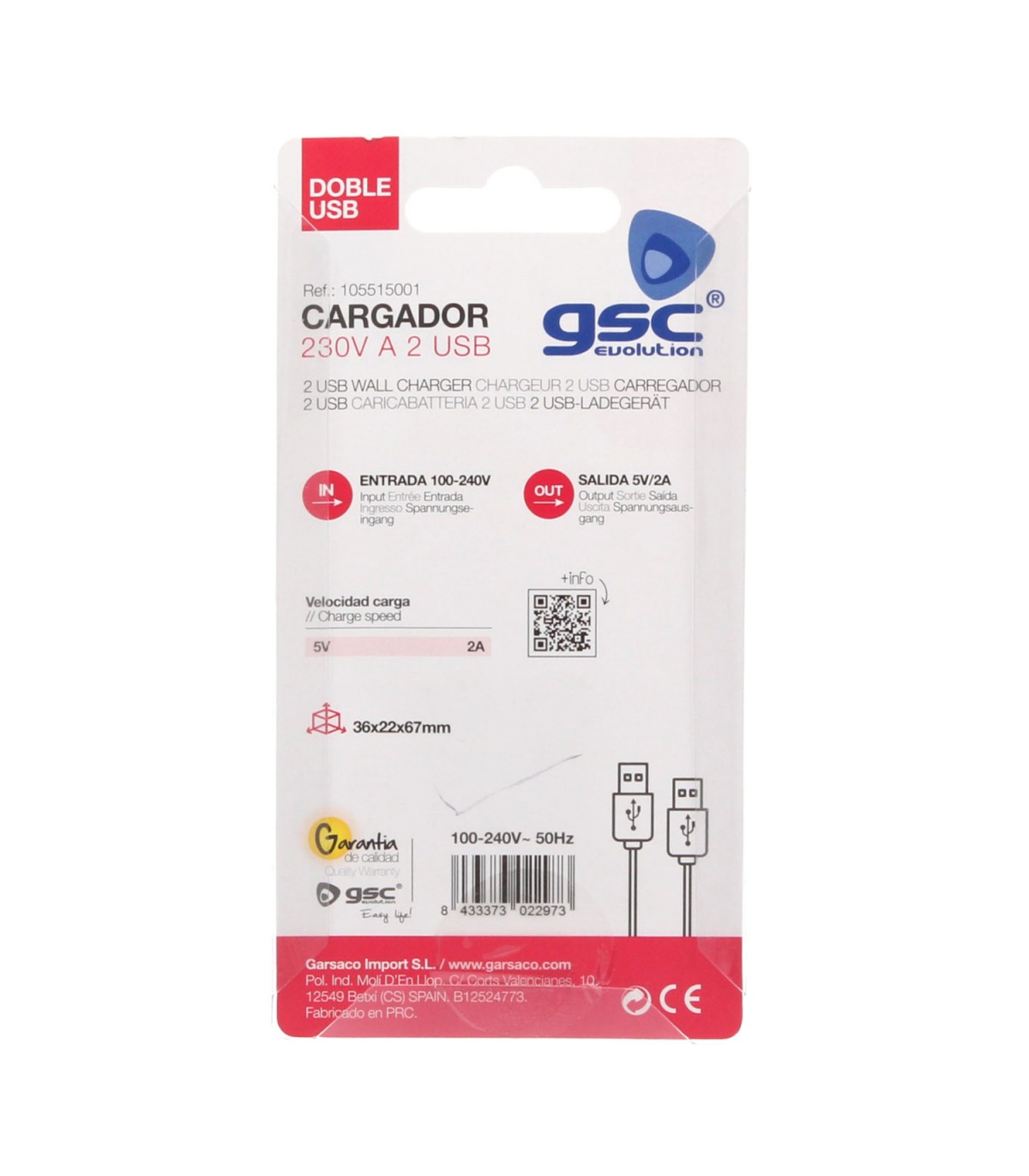 Cargador 230V A 2 USB Tipo A 5V/2A 10W