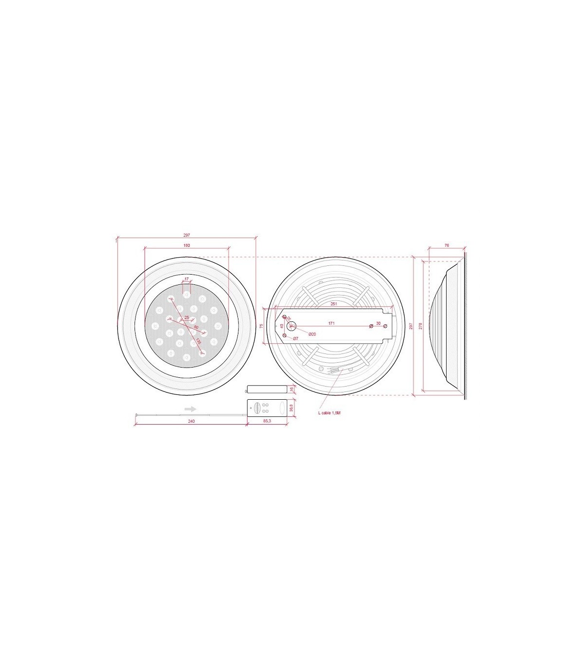 Foco de piscina LED Superficie AC 12V 24W Ø300mm  RGB con mando IP68