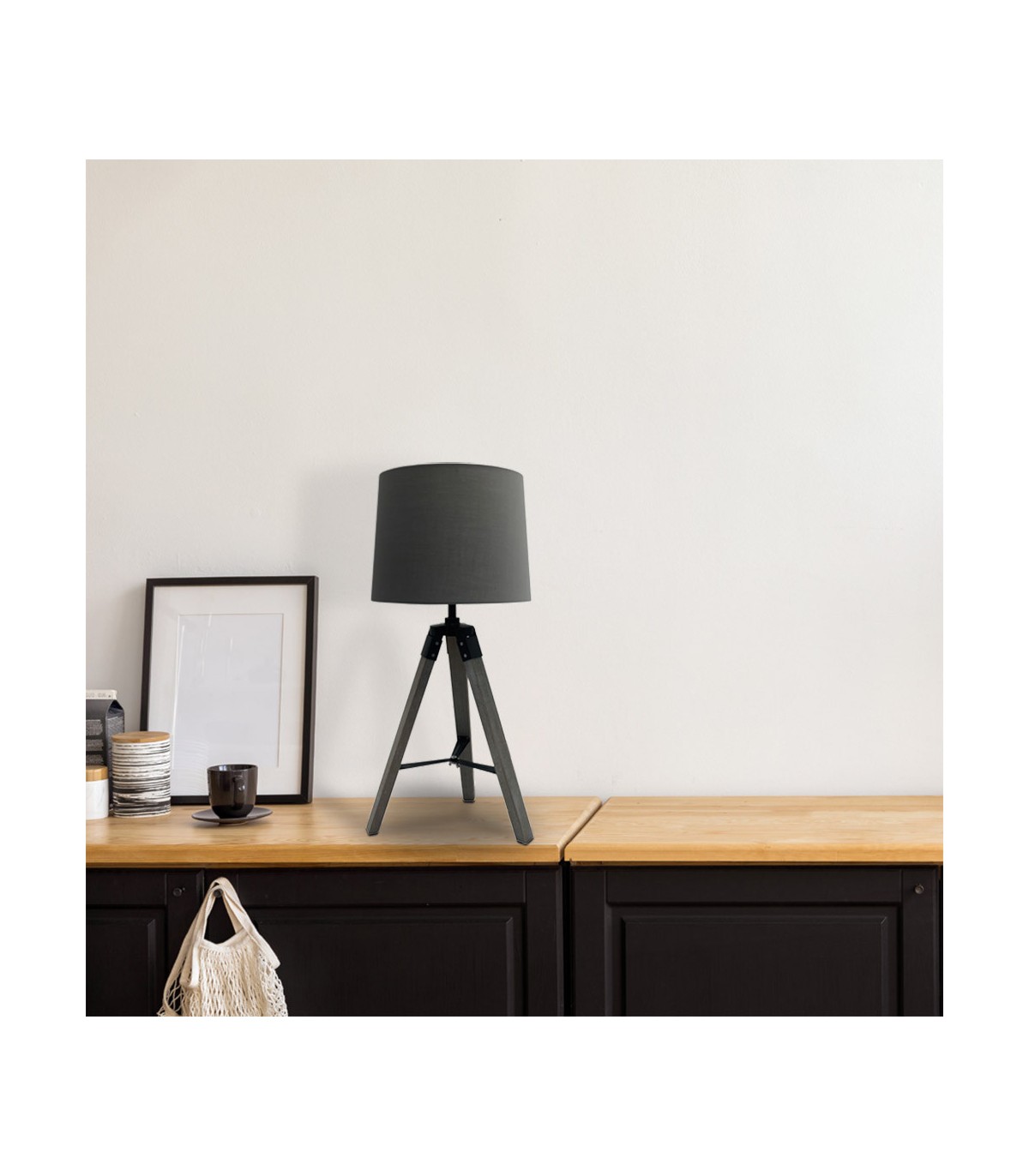 Lámpara Sobremesa Julen 1xE27 Madera Gris / Negro