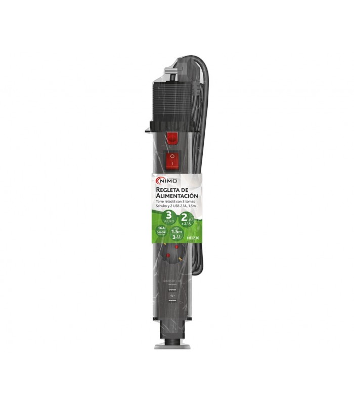 Torre Retráctil 3 Tomas Schuko 2 USB 2.4A 1.5m con interruptor