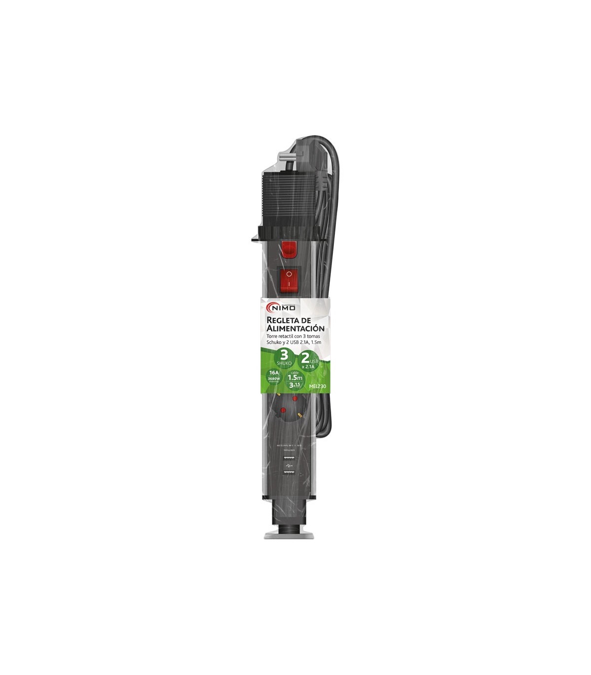 Torre Retráctil 3 Tomas Schuko 2 USB 2.4A 1.5m con interruptor