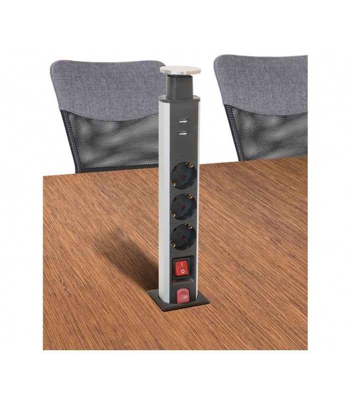 Torre Retráctil 3 Tomas Schuko 2 USB 2.4A 1.5m con interruptor