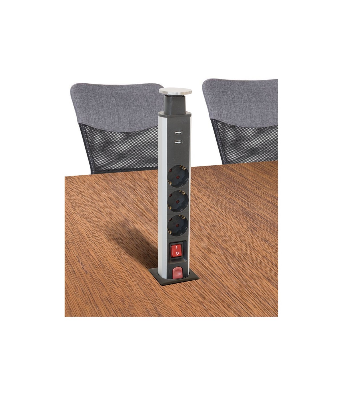 Torre Retráctil 3 Tomas Schuko 2 USB 2.4A 1.5m con interruptor