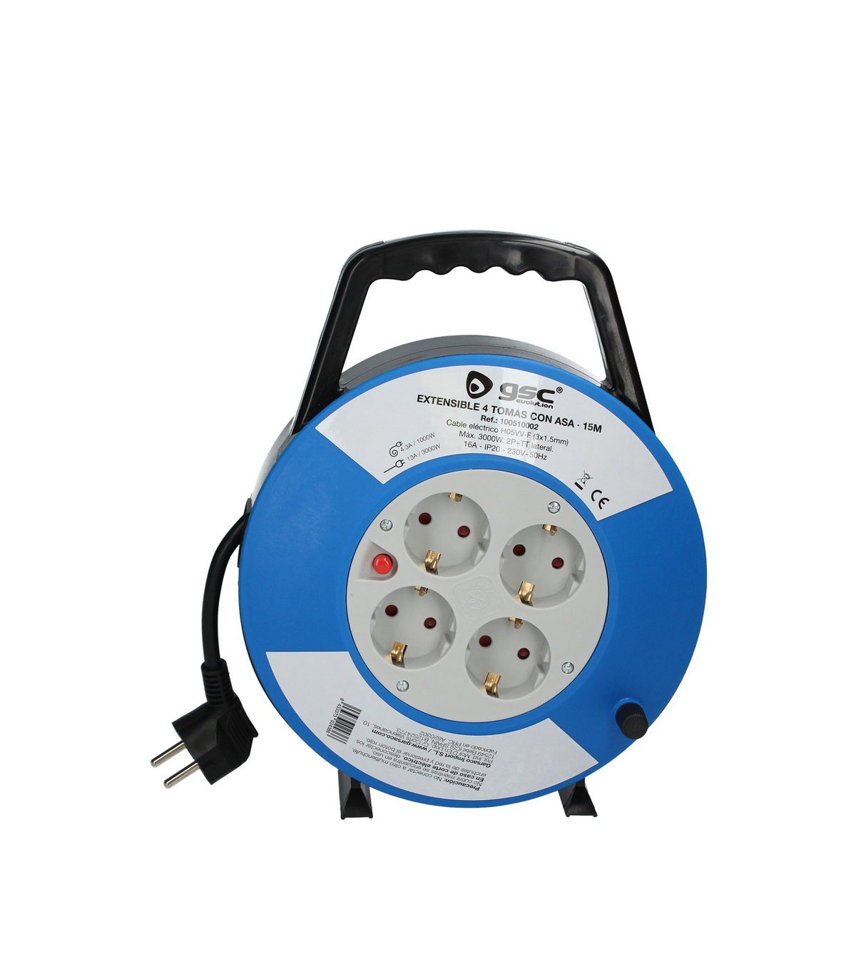 Enrollacables alargador con asa 4 enchufes (3x1.5mm) 15M