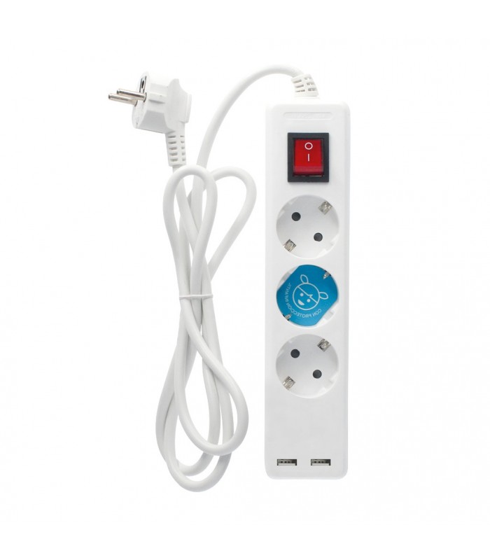 Base Múltiple 3T + 2USB + Interruptor (3x1.5mm) 1.4m